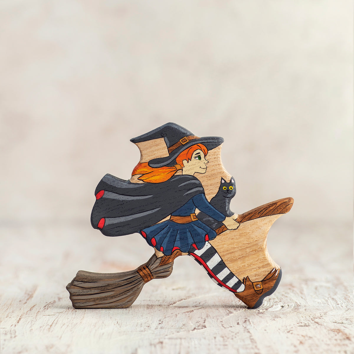 Wooden Young Witch Figurine - Flying Witch on Broomstick