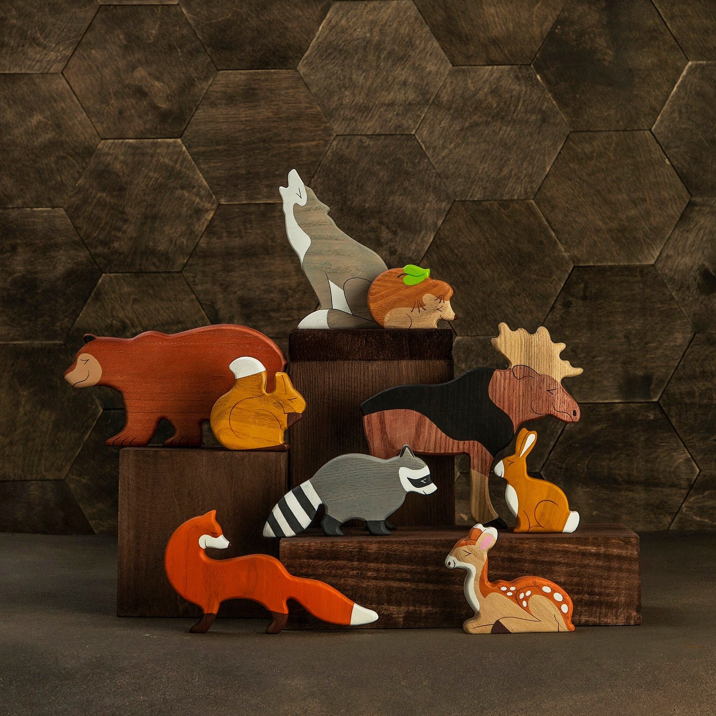 BIG SET Wooden woodland animals toys (9pcs) + Trees (5pcs)