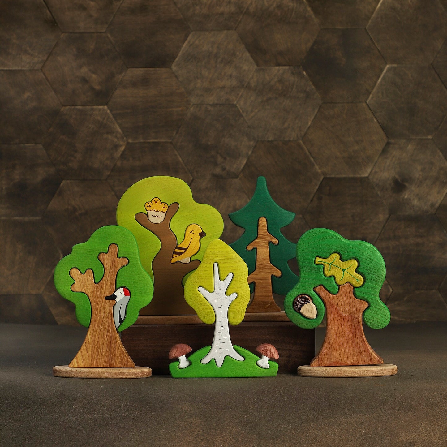BIG SET Wooden woodland animals toys (9pcs) + Trees (5pcs)