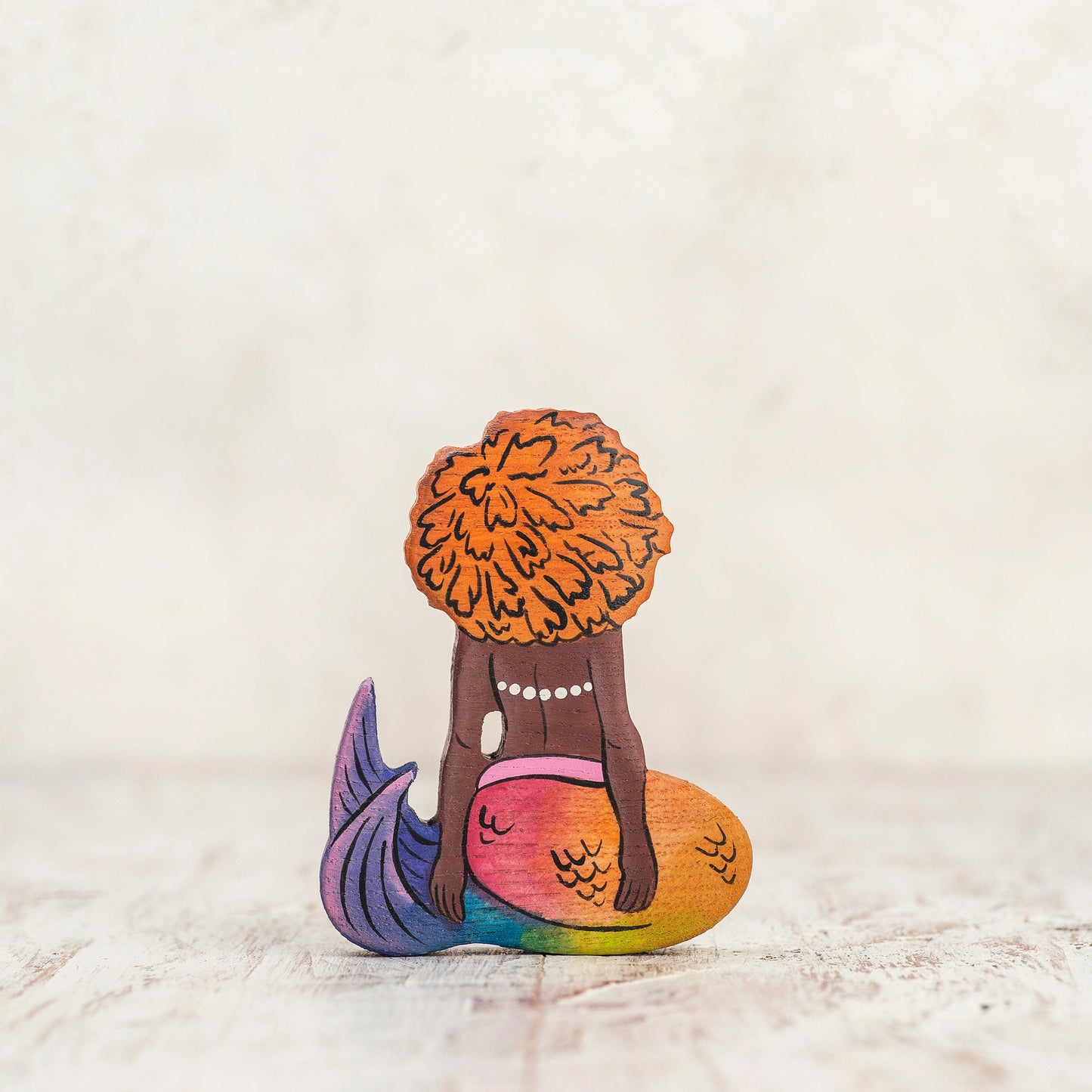 Wooden Mermaid Figurine with Afro-American Features le, and Inclusive Toy for Kids