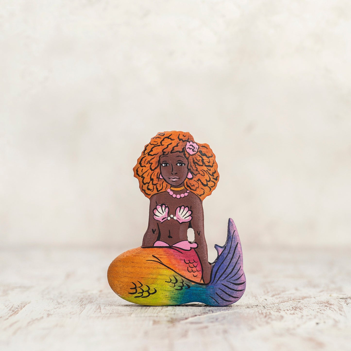 Wooden Mermaid Figurine with Afro-American Features le, and Inclusive Toy for Kids