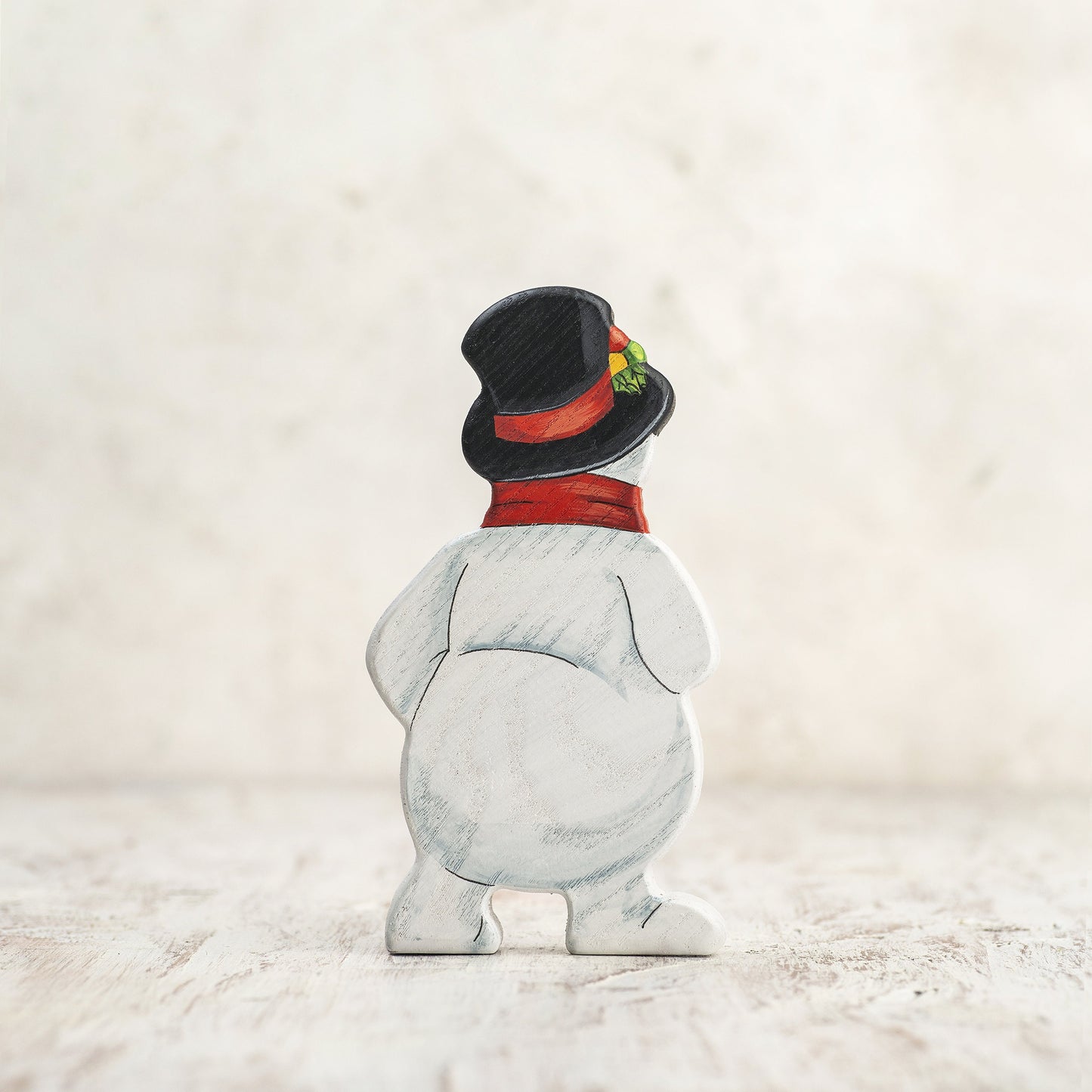 Wooden Snowman Figurine with Festive Hat & Scarf
