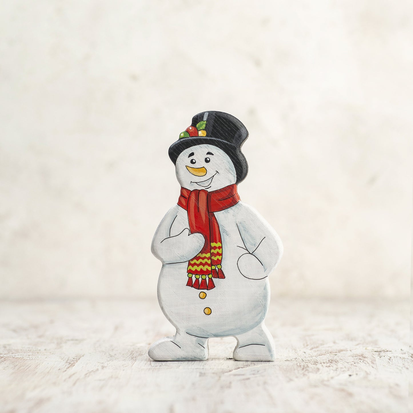 Wooden Snowman Figurine with Festive Hat & Scarf