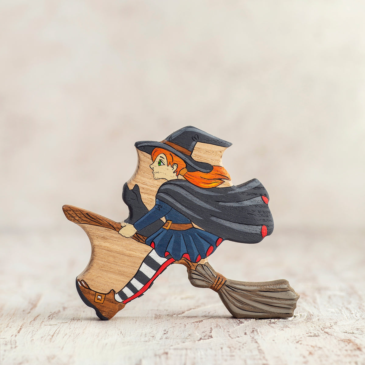 Wooden Young Witch Figurine - Flying Witch on Broomstick