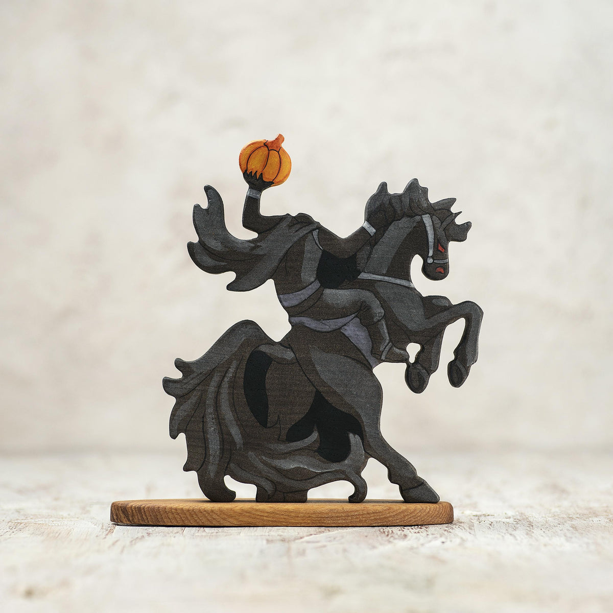 Hand-painted wooden Headless Horseman Halloween figurine
