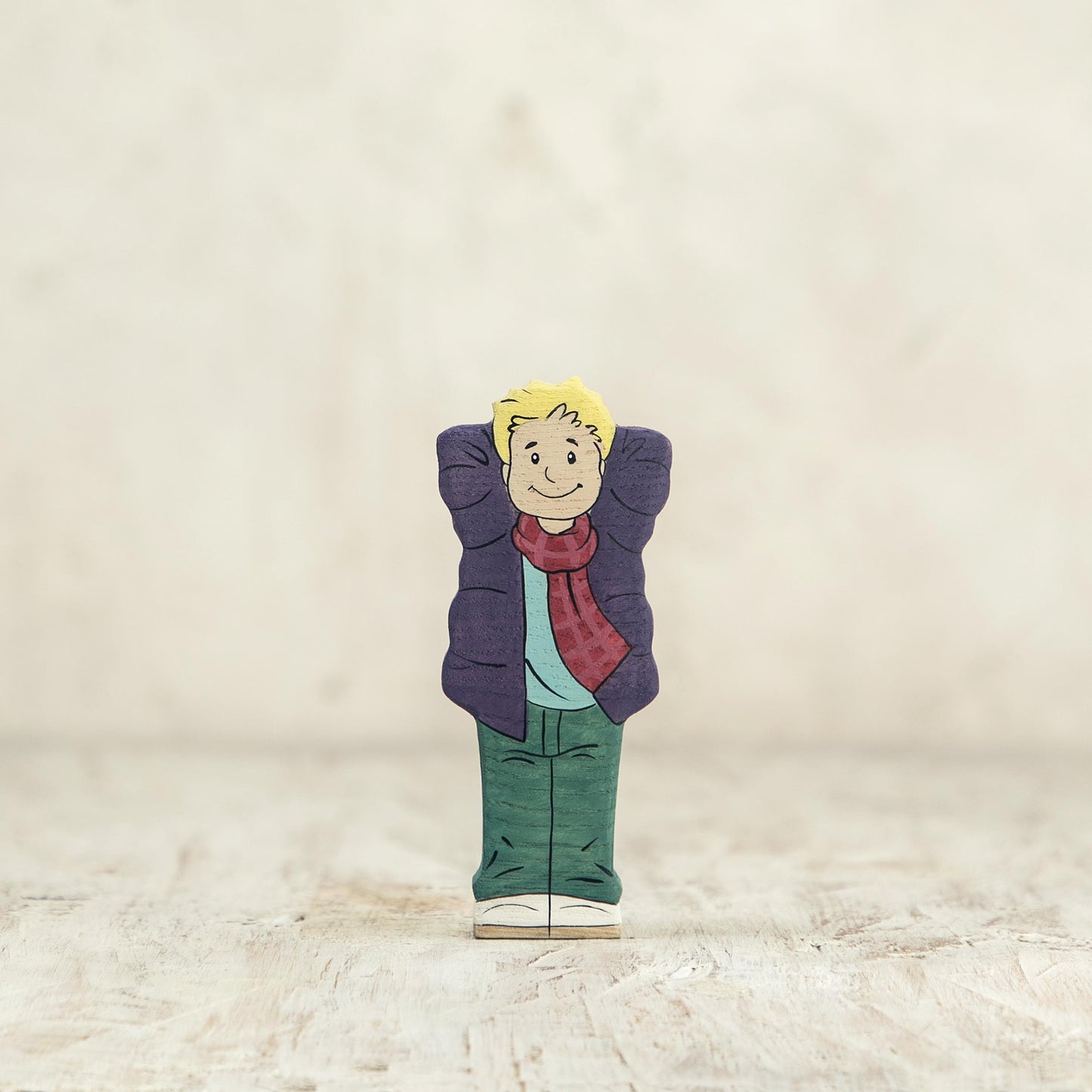 Wooden Boy Figurine in Violet Scarf