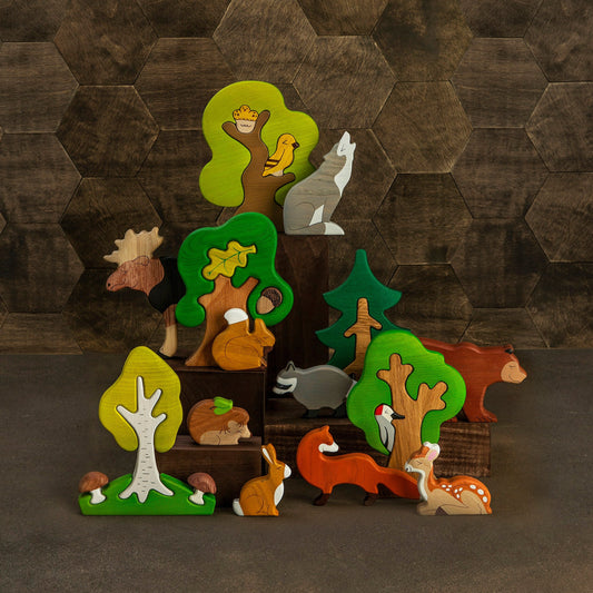 BIG SET Wooden woodland animals toys (9pcs) + Trees (5pcs)