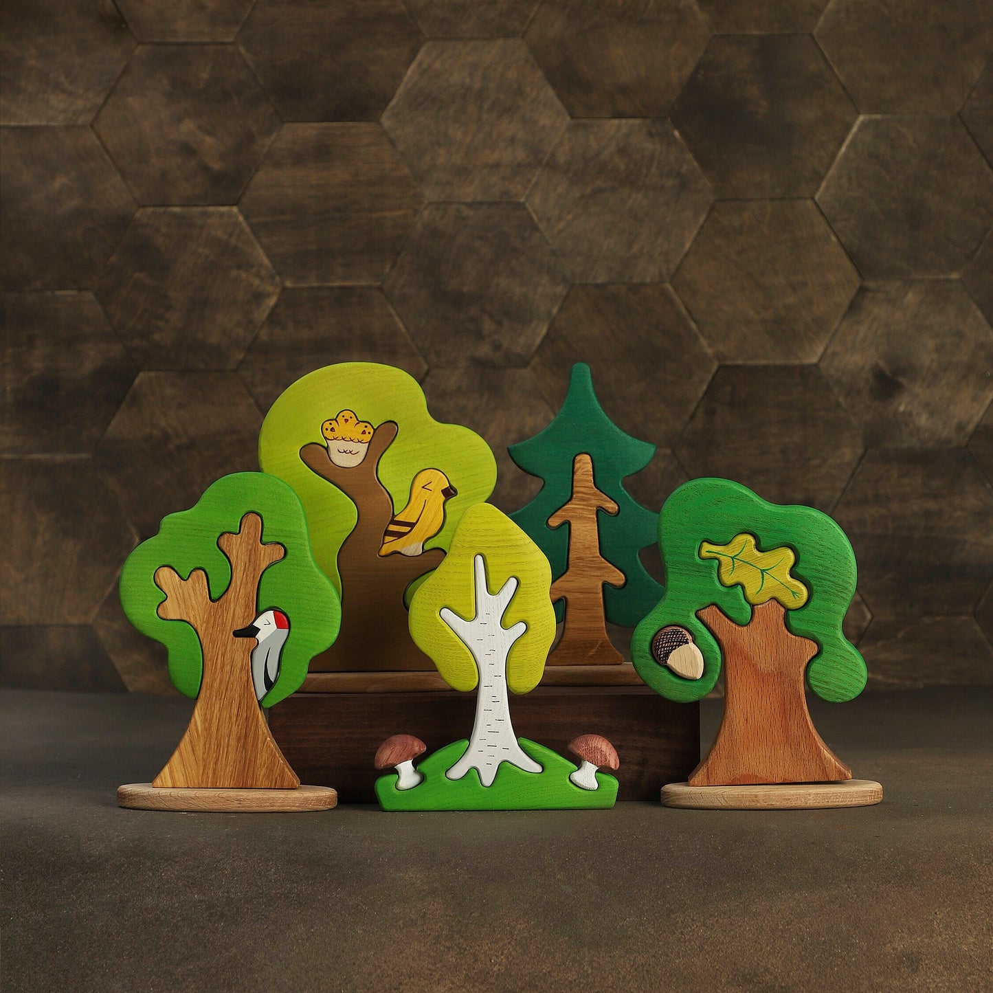 Wooden Tree Set  (5pcs) Woodland trees Waldorf toys Wooden toys Animal figures Birthday gift for kids