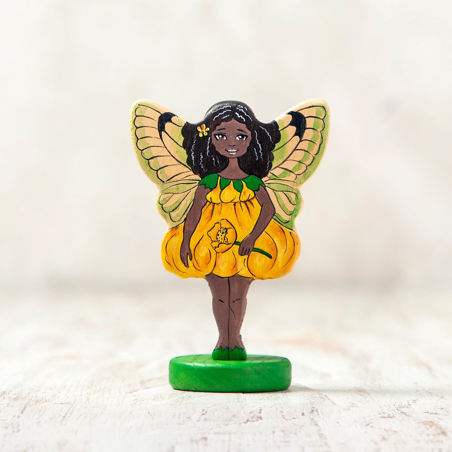 Wooden Yellow Fairy with Afro-american features