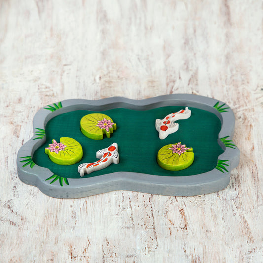 Wooden Pond with 2 fish and 3 pond lilies