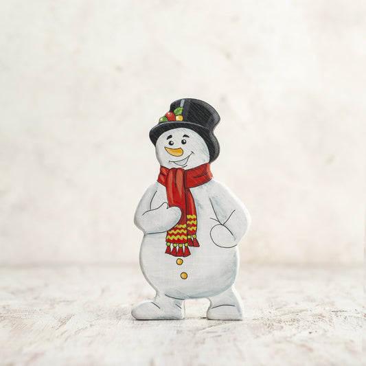 Wooden Snowman Figurine with Festive Hat & Scarf