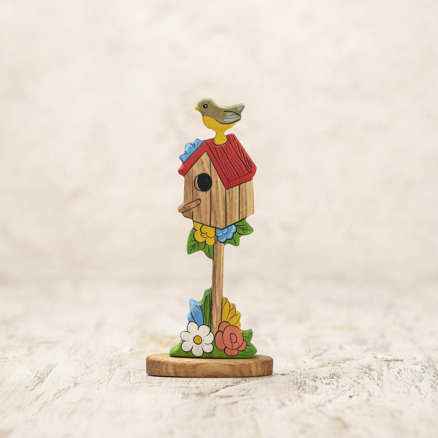 Wooden Birdhouse with Spring Flowers and Perched Bird